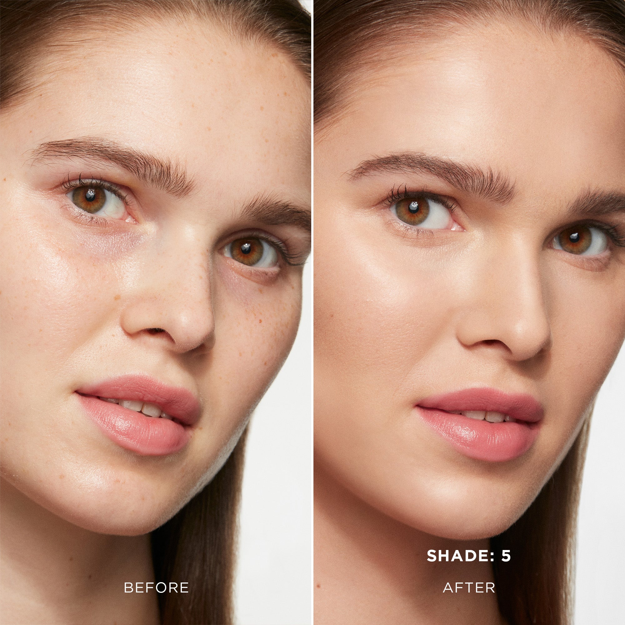Ảnh so sánh trước và sau khi sử dụng kem nền Hourglass Ambient Soft Glow, tông shell